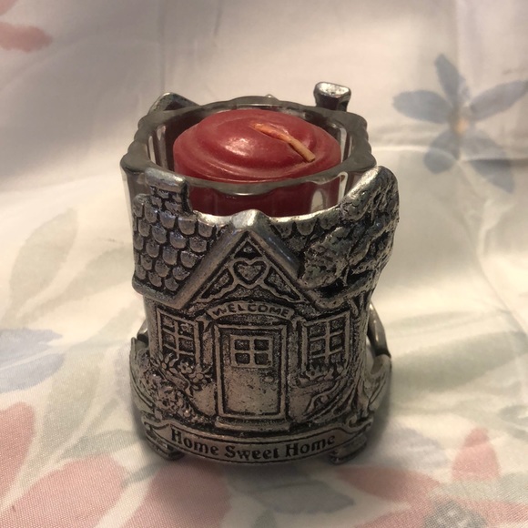 Vintage 1996 Carson Pewter Candle Holder "Home Sweet Home" w/votive&candle 3x3 - Picture 1 of 4